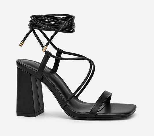 Lhamo Latso Black Strappy-Tie Chunky Heel Sandals (Size 9)