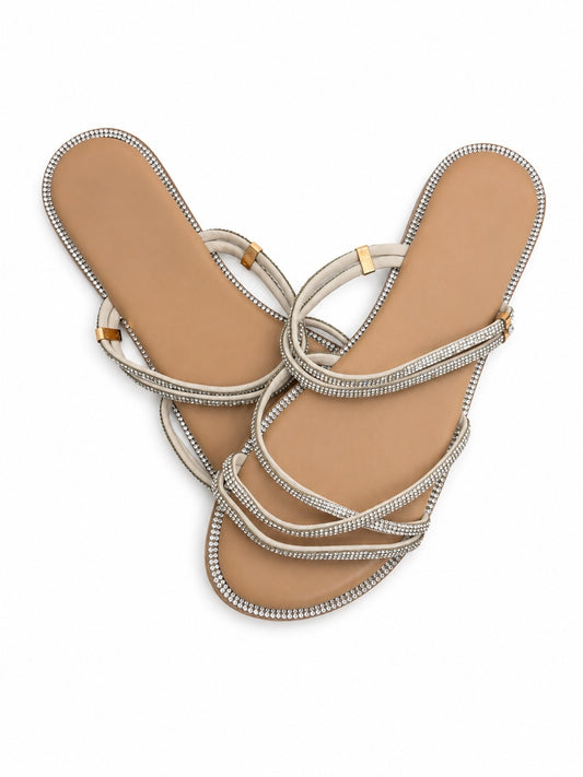 Gold & Neutral Rhinestone Strappy Open Toe Slide Sandals (US Women's 11)
