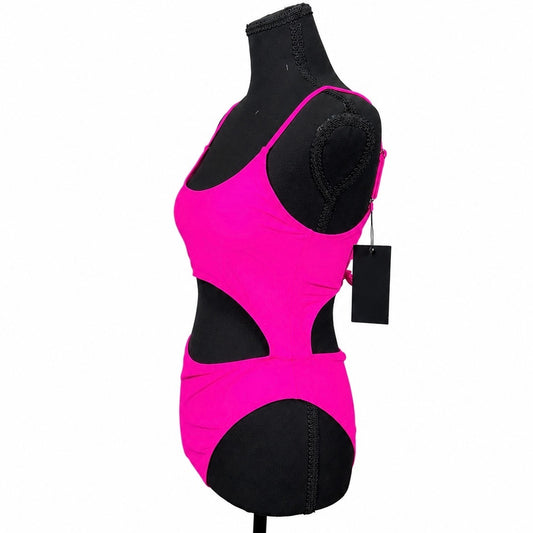 Meyeeka Hot Pink Scoop Neck Cut Out Lace Up Back High Cut One Piece Swimsuit (M)