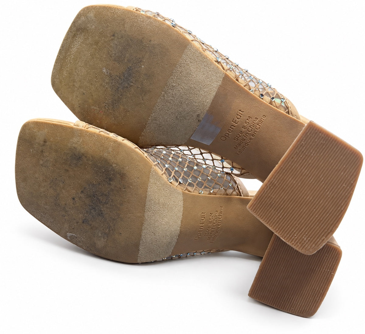 Open Edit Sienna Beige Sparkly Rhinestone Open Toed Block Heel Sandal (W 8.5)