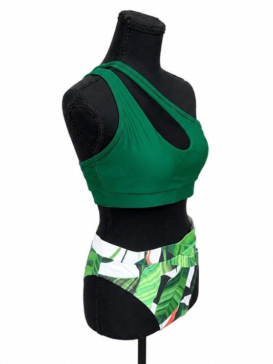 Green and Leaves One-Shoulder Bikini Set (M)