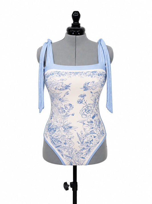 Light Blue Colorful Floral Reversable One Piece Swimsuit (XL)