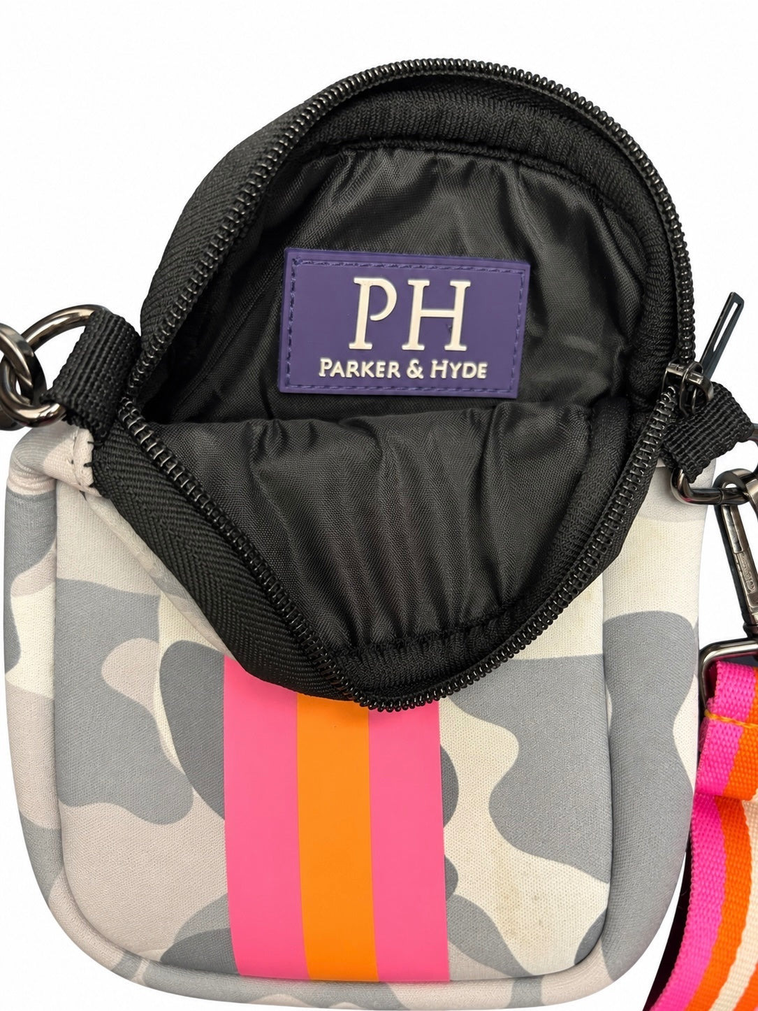 Parker & Hyde Gray Camo, Pink & Orange Stripe Neoprene Cellphone Crossbody Bag