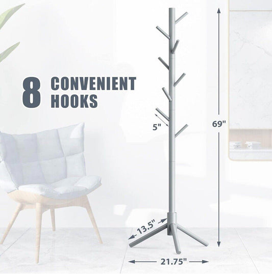 Haddockway Gray Wooden Coat Rack, missing 2 small pegs (6/8 present).