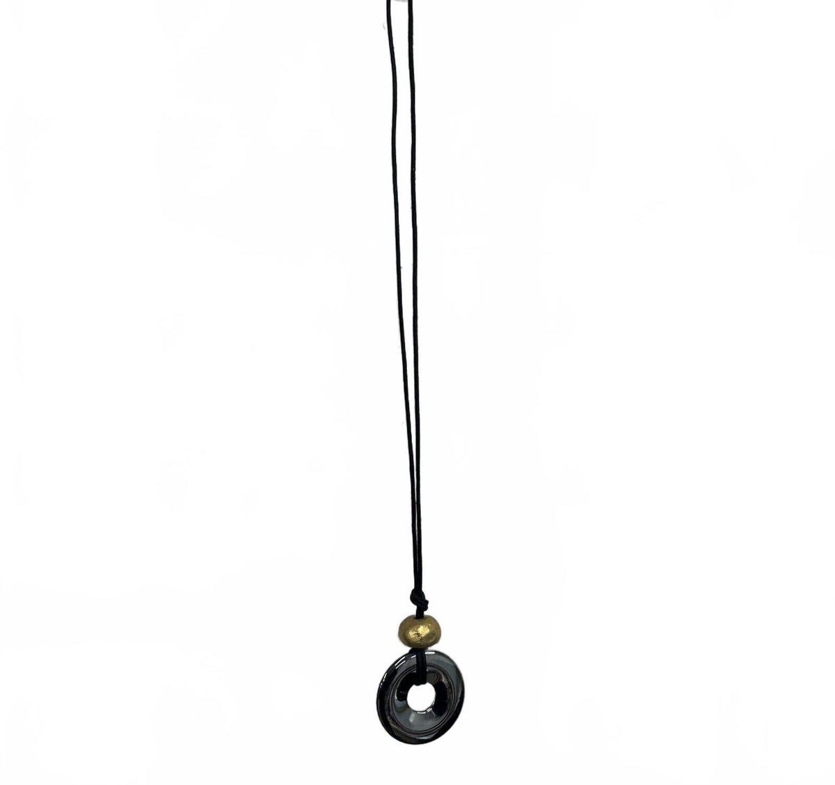 Black, Gold & Silver Long Necklace w/ Round Metal Pendant & Gold Accent Piece