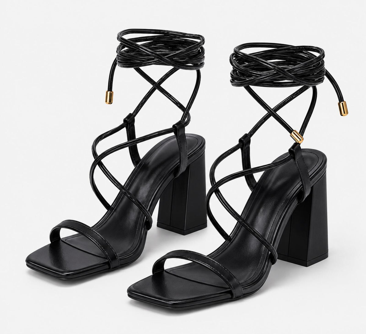 Lhamo Latso Black Strappy-Tie Chunky Heel Sandals (Size 9)