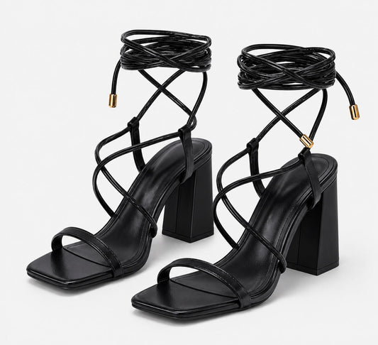 Lhamo Latso Black Strappy-Tie Chunky Heel Sandals (Size 9)