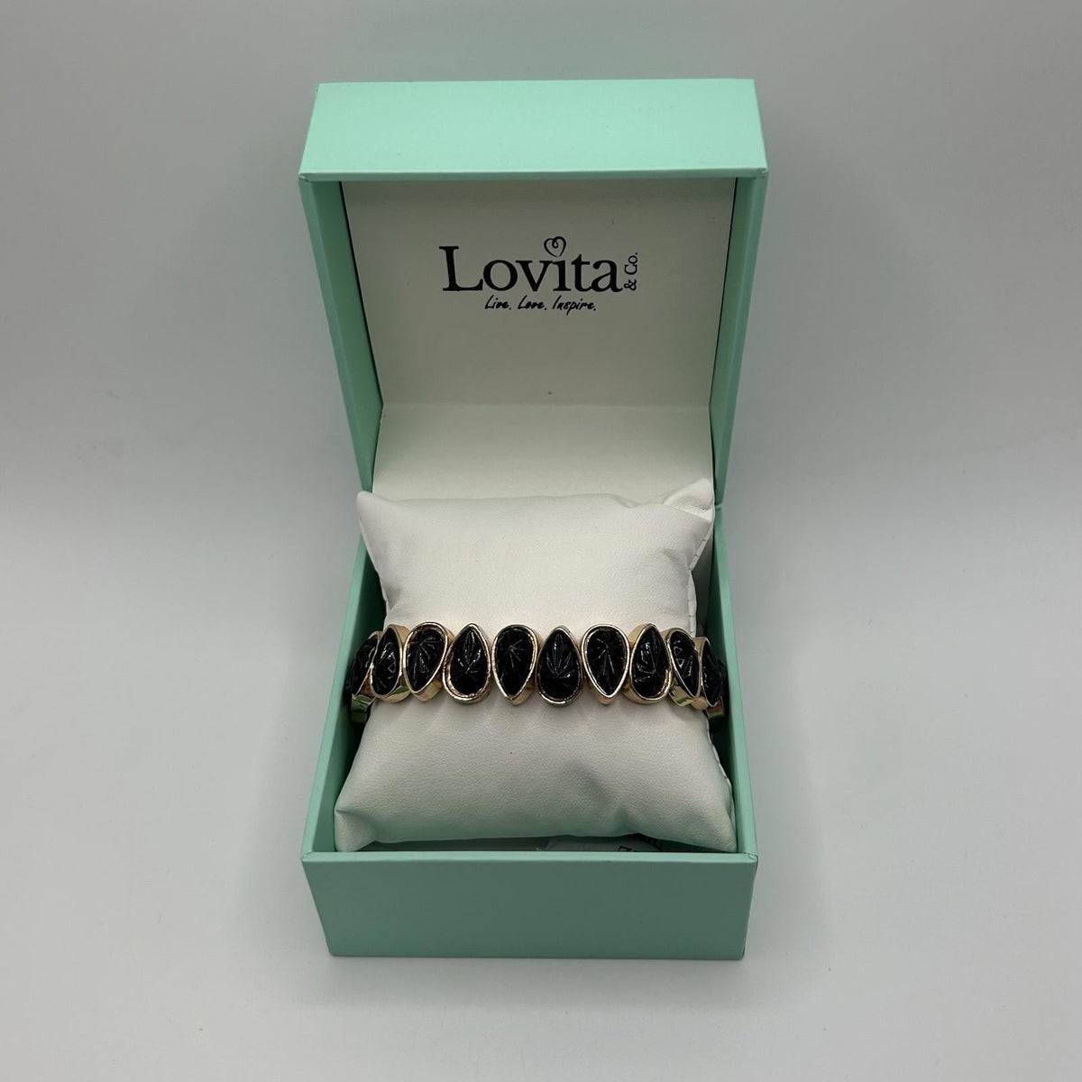 Lovita & Co. Gold Color Black Pear Shaped Beaded Stretchy Bracelet