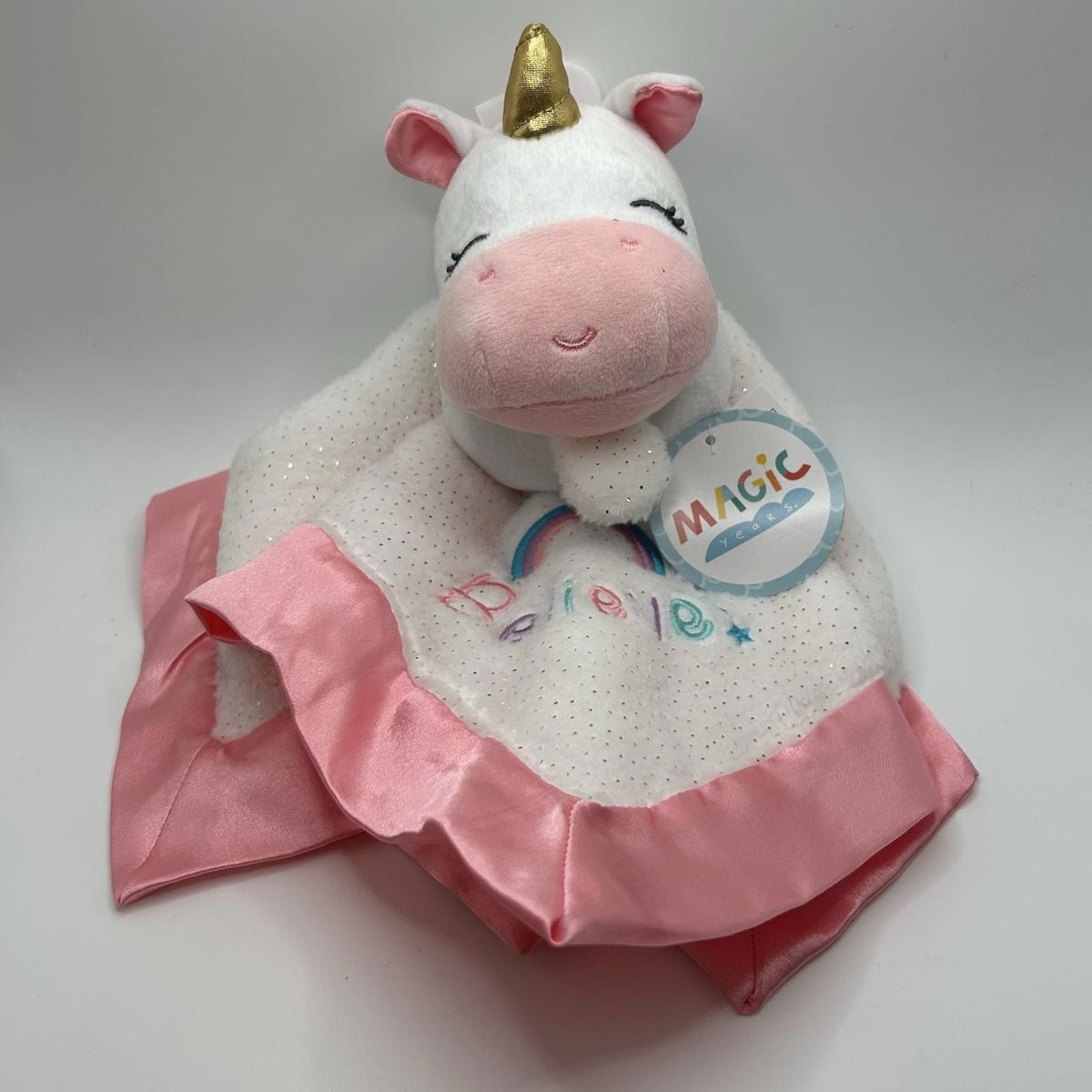 Magic Years Unicorn Believe White & Pink Silky Edge Security Rattle Baby Blanket