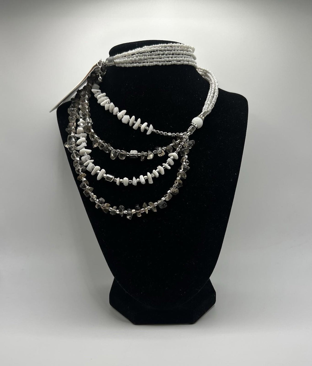 Christopher & Banks White & Silver Long Beaded Statement Necklace