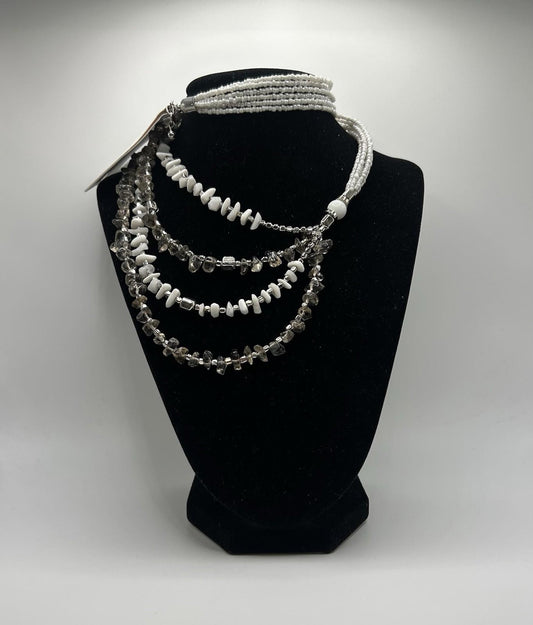 Christopher & Banks White & Silver Long Beaded Statement Necklace