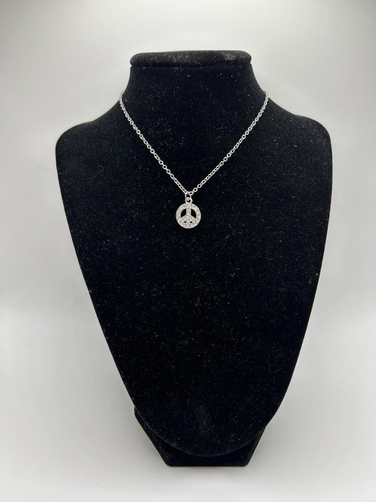Lovita & Co. Silver Color Long Chain Peace Sign Charm Necklace