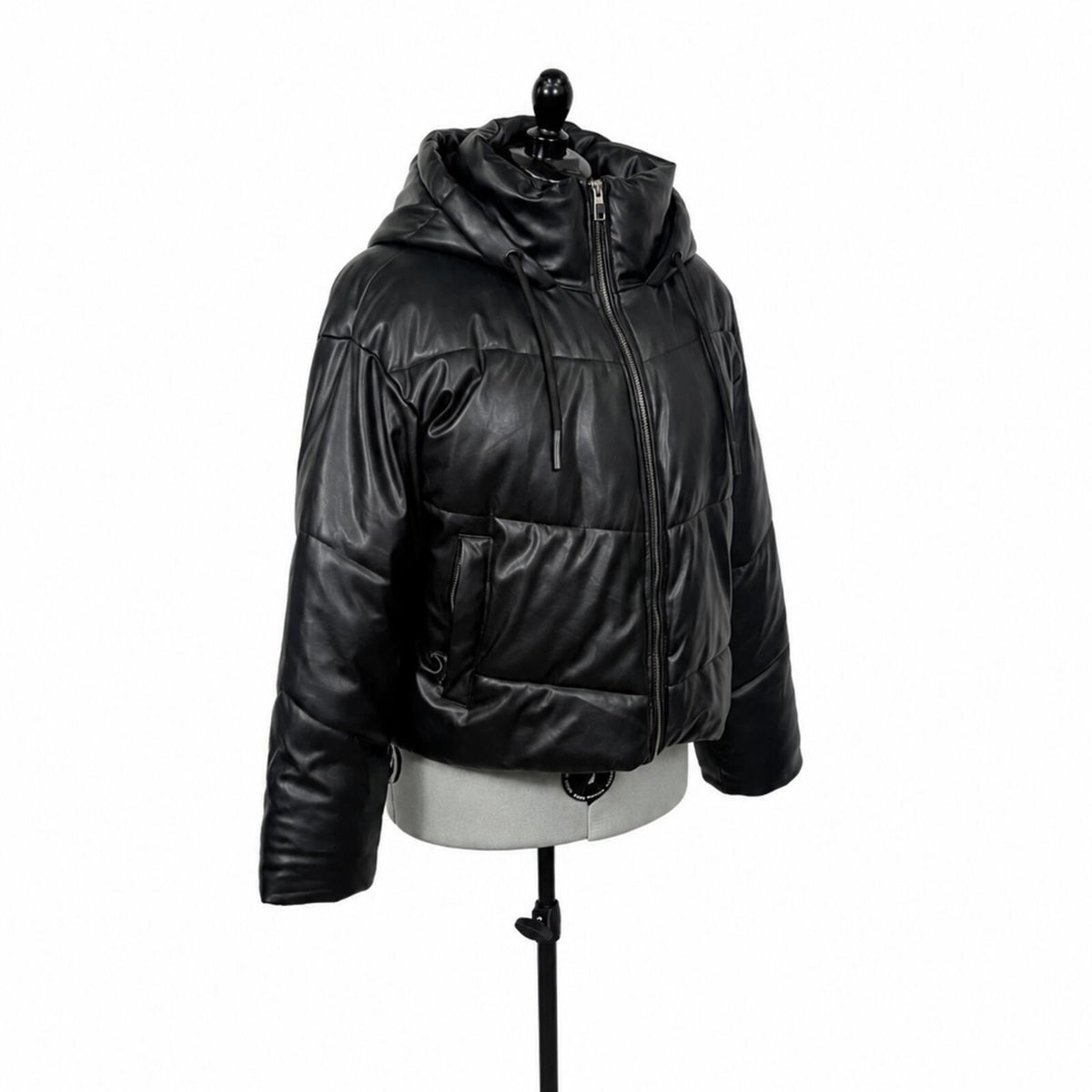Zara Black Faux Leather Zip Puffer Jacket (L)