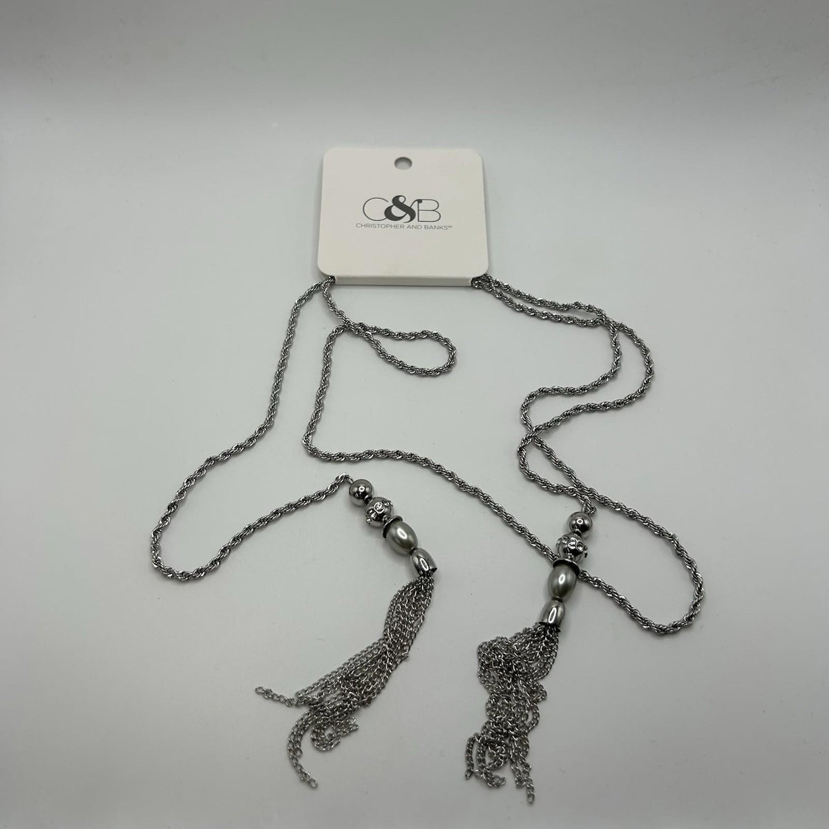 Christopher & Banks Silver Long Knotted, Tassel Necklace
