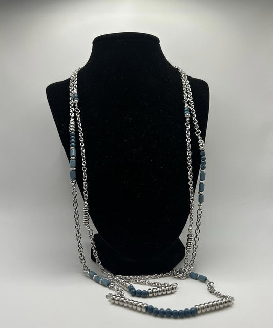 Christopher & Banks Mediterranean Sea Blue & Silver Color Long Beaded Necklace