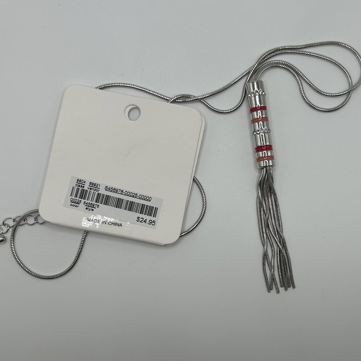 Christopher & Banks Long Tassel Silver & Pink w/ Gems Necklace