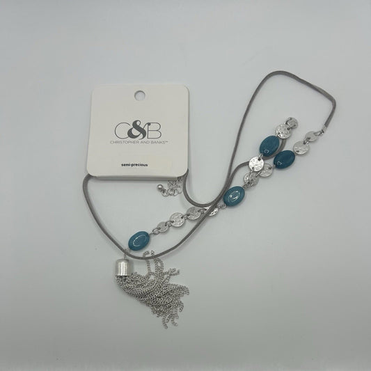 Christopher & Banks Long Beaded Y-Neck Mirror Blue & Silver Necklace