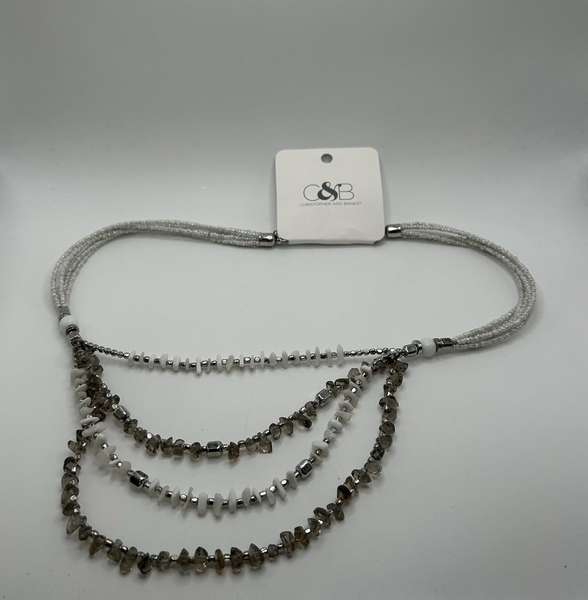 Christopher & Banks White & Silver Long Beaded Statement Necklace