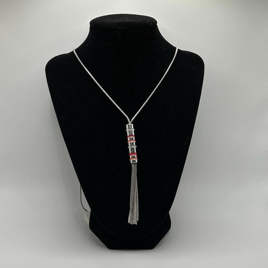 Christopher & Banks Long Tassel Silver & Pink w/ Gems Necklace