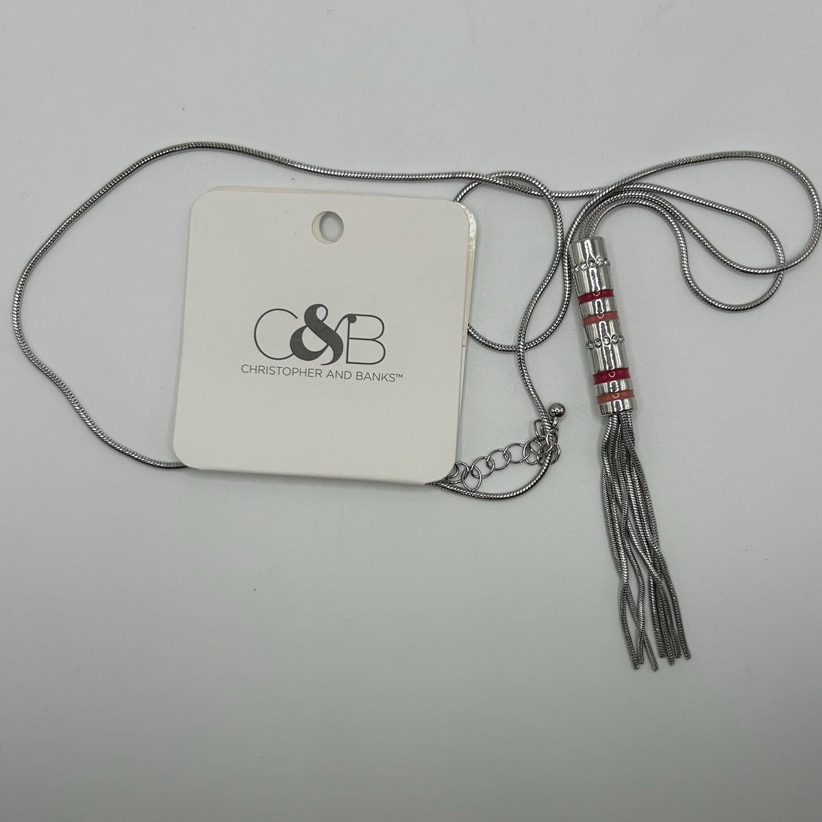 Christopher & Banks Long Tassel Silver & Pink w/ Gems Necklace