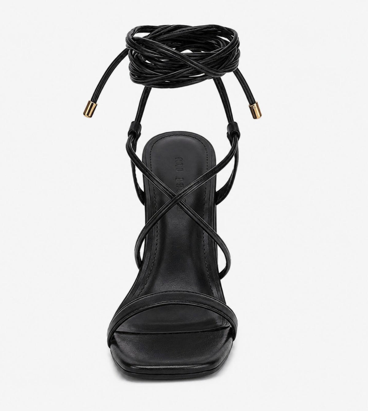 Lhamo Latso Black Strappy-Tie Chunky Heel Sandals (Size 9)
