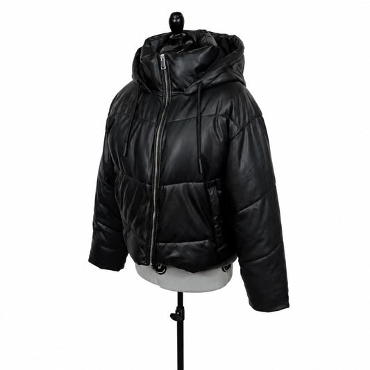 Zara Black Faux Leather Zip Puffer Jacket (L)