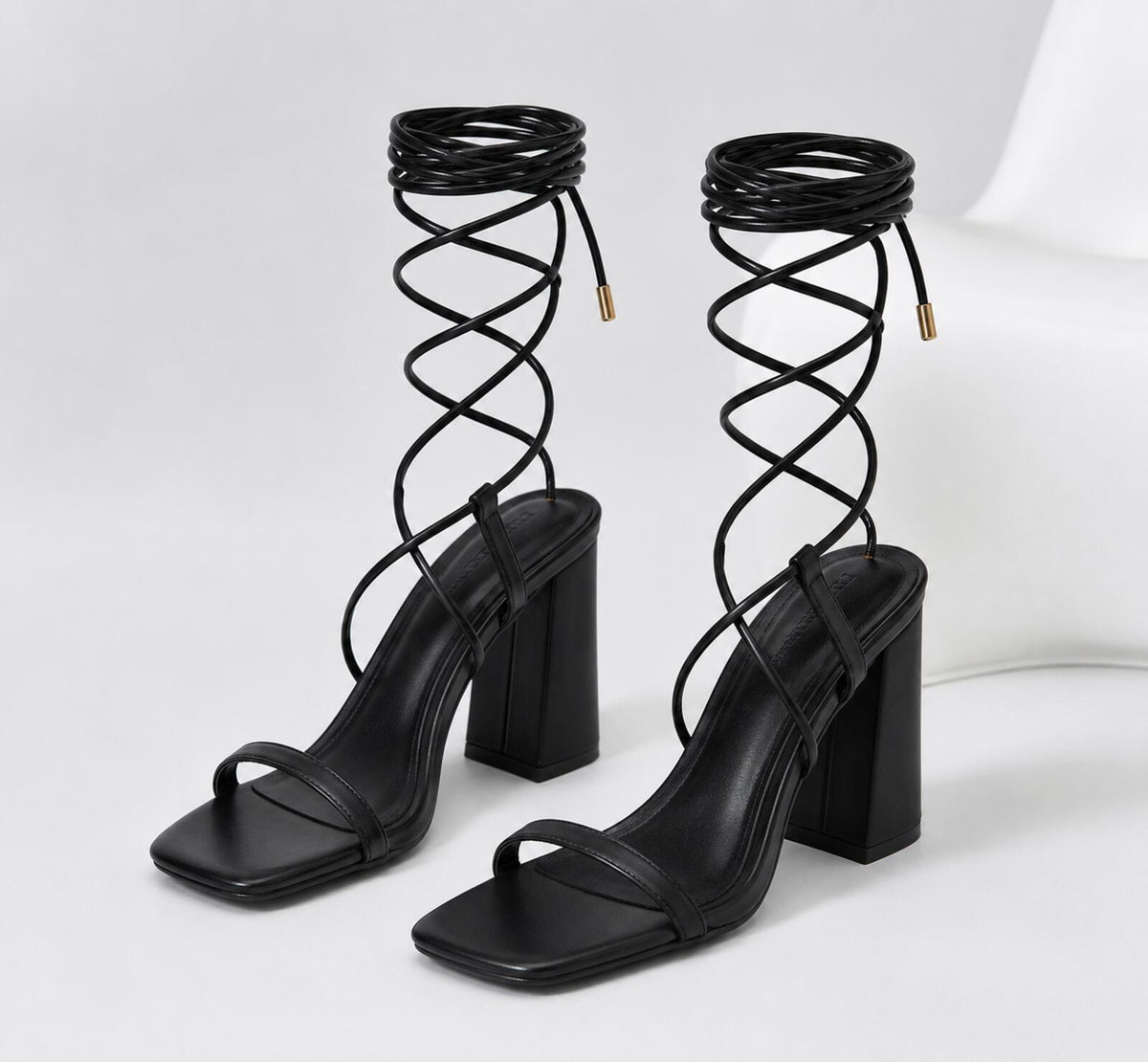 Lhamo Latso Black Strappy-Tie Chunky Heel Sandals (Size 9)