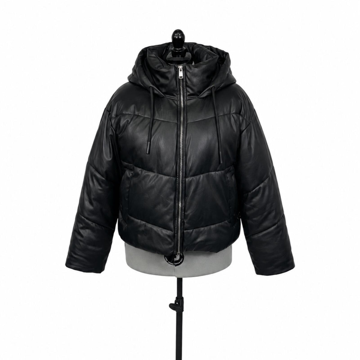 Zara Black Faux Leather Zip Puffer Jacket (L)