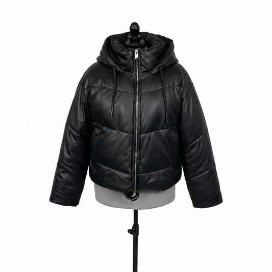 Zara Black Faux Leather Zip Puffer Jacket (L)
