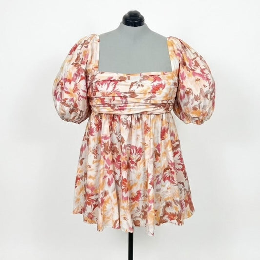Abercrombie & Fitch Warm Colored Floral Puffy Sleeved Knee Length Dress (XL)