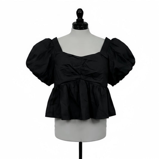 Old Navy Black Puff-Sleeve Ruched Smocked Babydoll Swing Blouse(XL Petite)