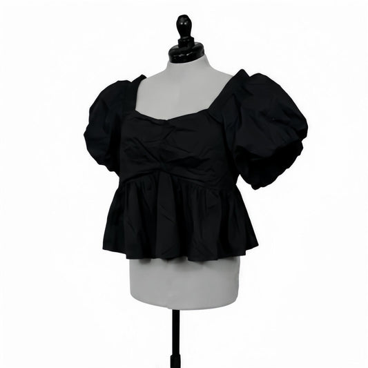 Old Navy Black Puff-Sleeve Ruched Smocked Babydoll Swing Blouse(XL Petite)