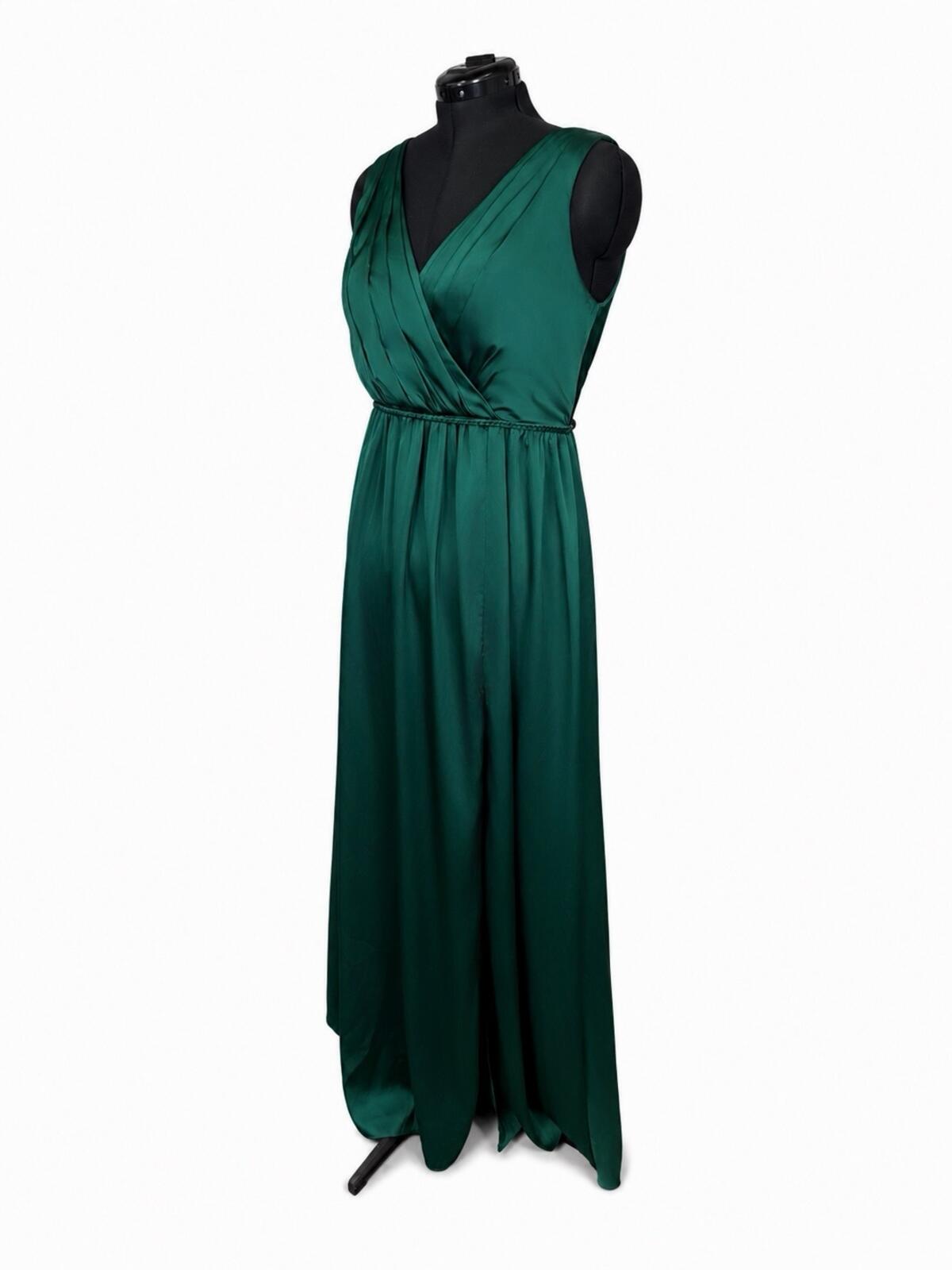 Azazie Tanicia Emerald Stretch Satin A-Line Pleated Bridesmaids Dress (Size 14)