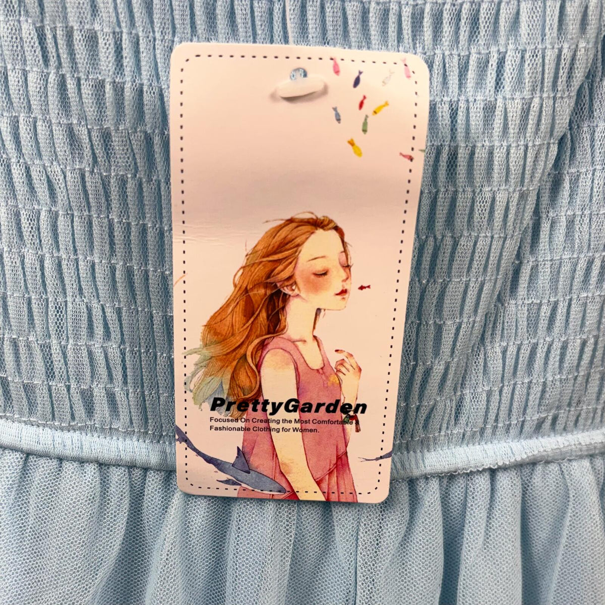 Pretty Garden Light Blue Midi Tulle Smocked Square Neck Ruffle Sundress(XXL)