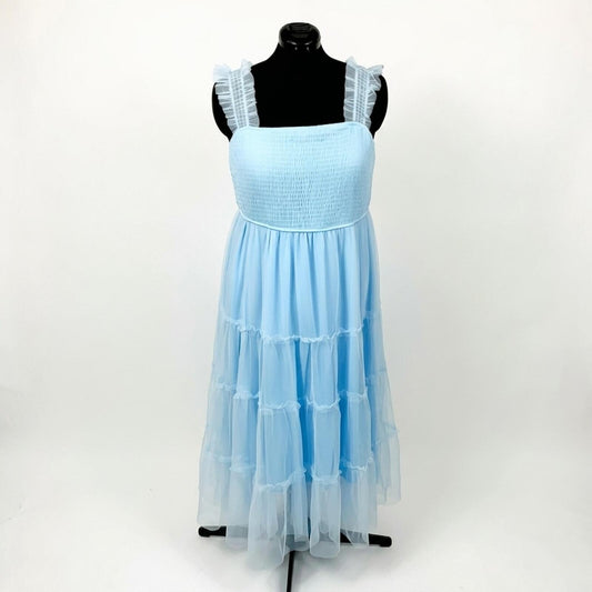 Pretty Garden Light Blue Midi Tulle Smocked Square Neck Ruffle Sundress(XXL)