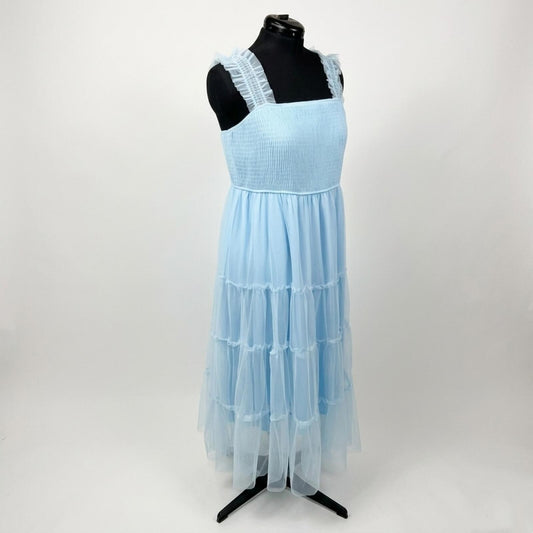Pretty Garden Light Blue Midi Tulle Smocked Square Neck Ruffle Sundress(XXL)