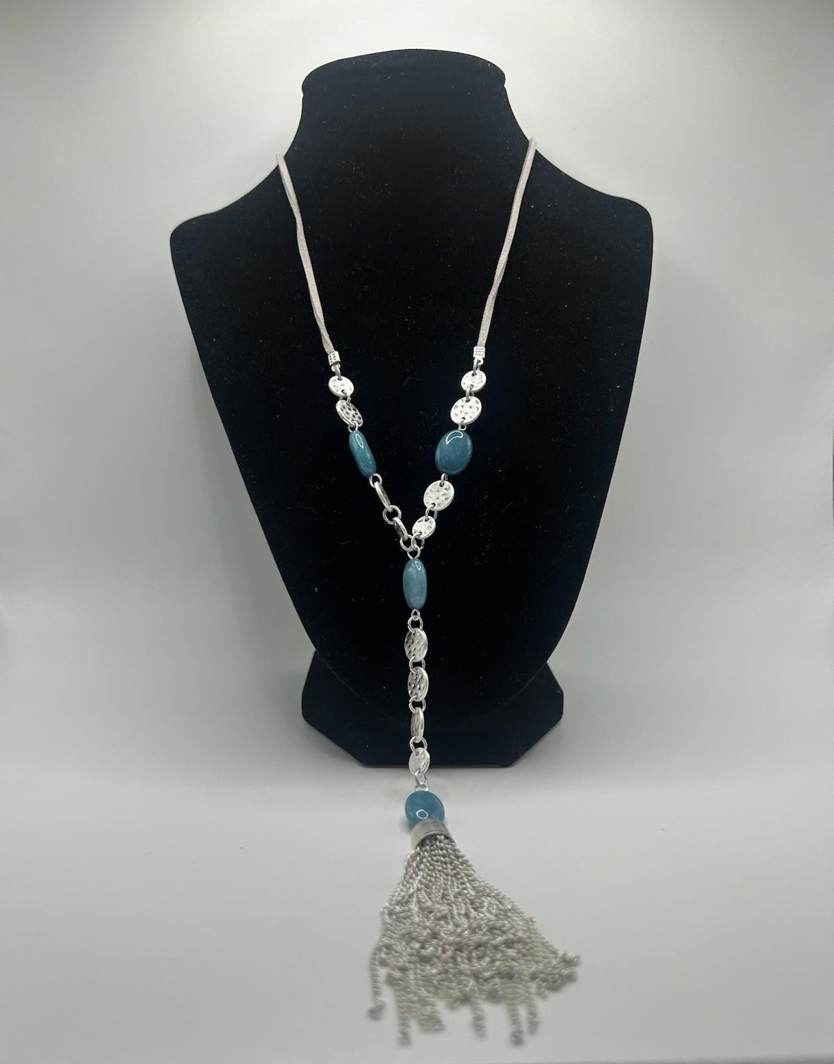 Christopher & Banks Long Beaded Y-Neck Mirror Blue & Silver Necklace