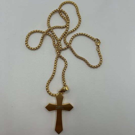 Asisinvicta Jewelry Stainless Steel Cross Pendant w/ Long Chain Goldtone 24