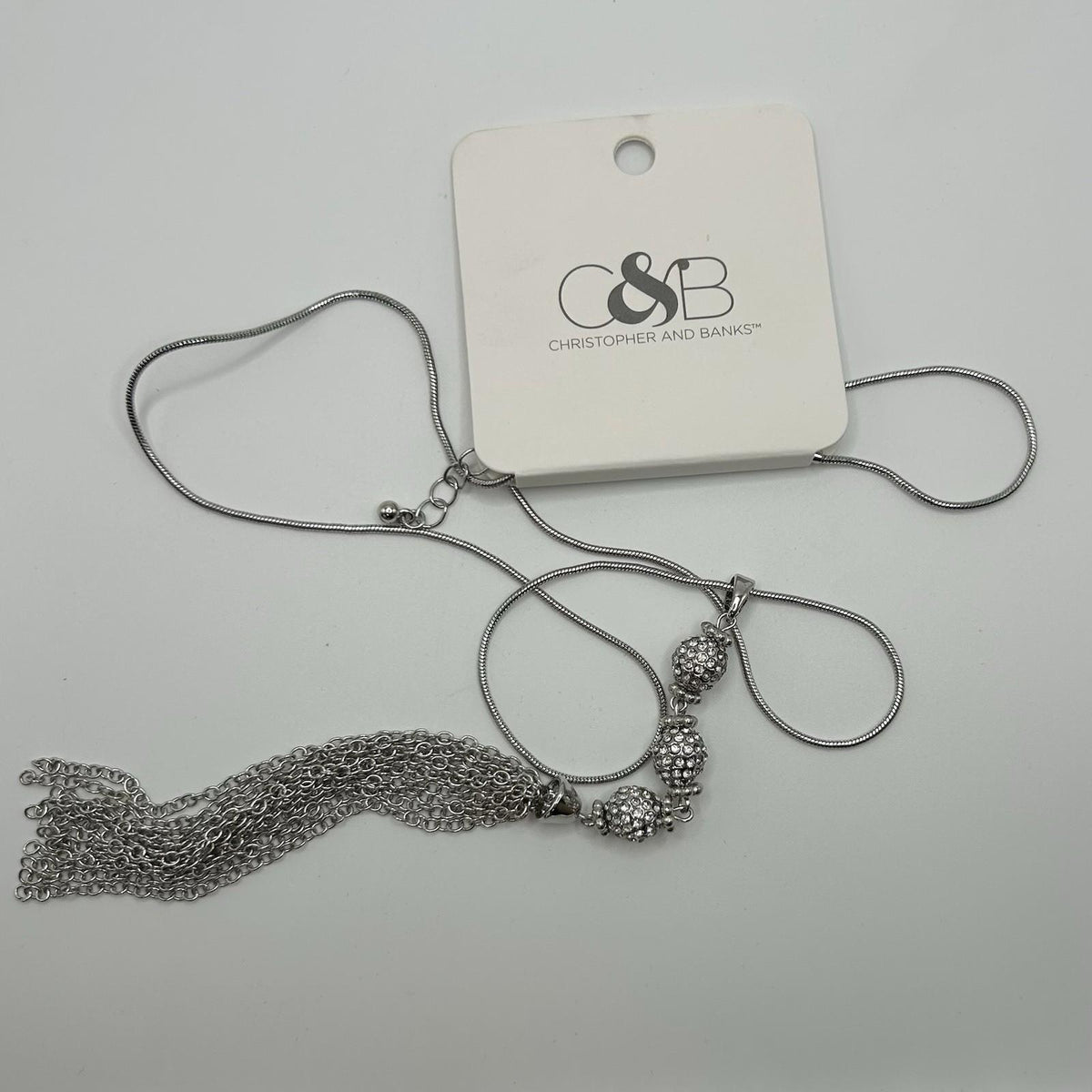 Christopher & Banks Long Y-Neck Pave Stone Silver Necklace
