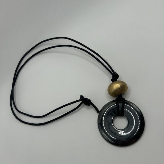 Black, Gold & Silver Long Necklace w/ Round Metal Pendant & Gold Accent Piece