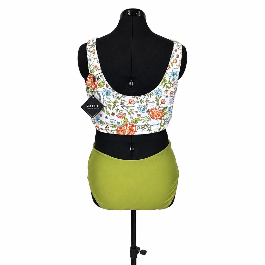 Zaful Multicolor Scoop Neck Tankini & Green High Waisted Swim Bottoms Set (XL)