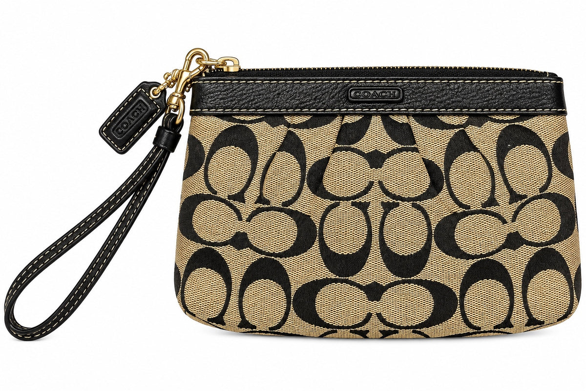 Coach Black & Khaki Signature C-Pattern Canvas Wristlet
