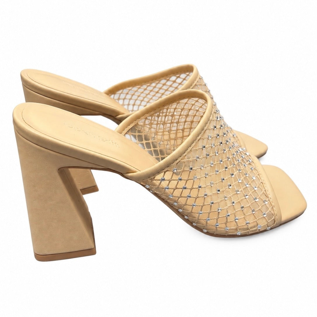 Open Edit Sienna Beige Sparkly Rhinestone Open Toed Block Heel Sandal (W 8.5)