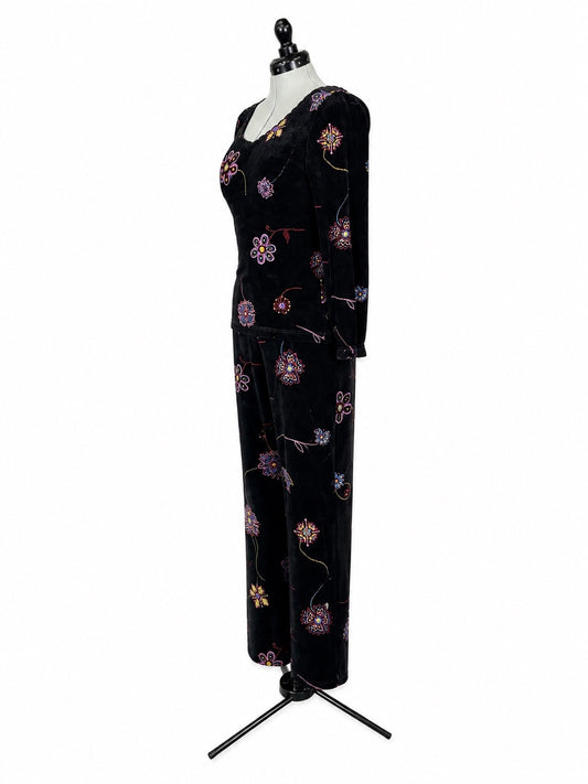 Softwear by Mark Singer Black Floral Blouse & Pants Set (S)