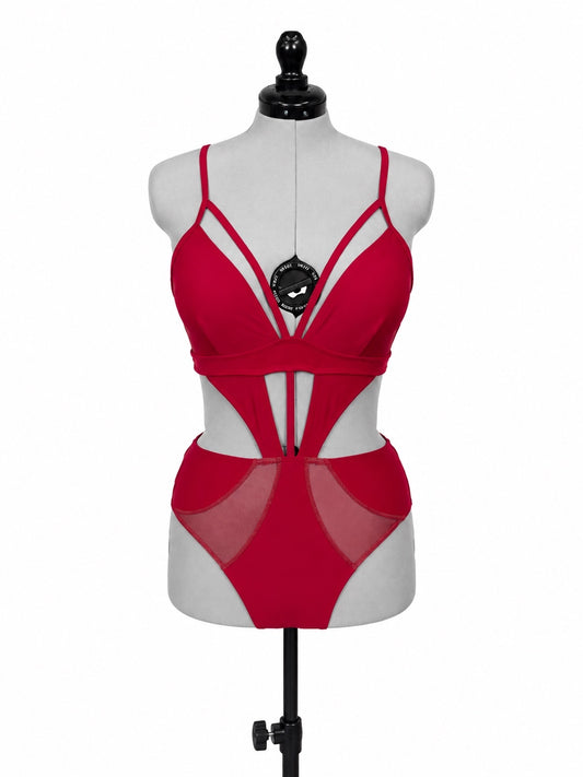 Dark Red Deep V Plunge w/ Diamond Midriff Cutout One Piece Swimsuit (L)