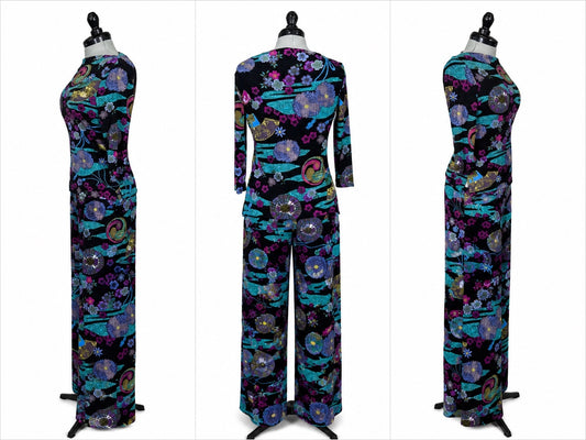 Softwear by Mark Singer Black Long Set w/ Cool Toned Whimsical Design (S)