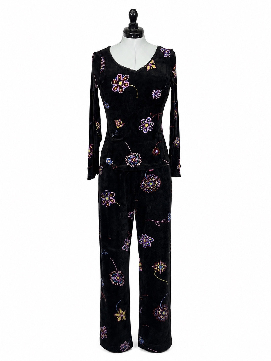 Softwear by Mark Singer Black Floral Blouse & Pants Set (S)