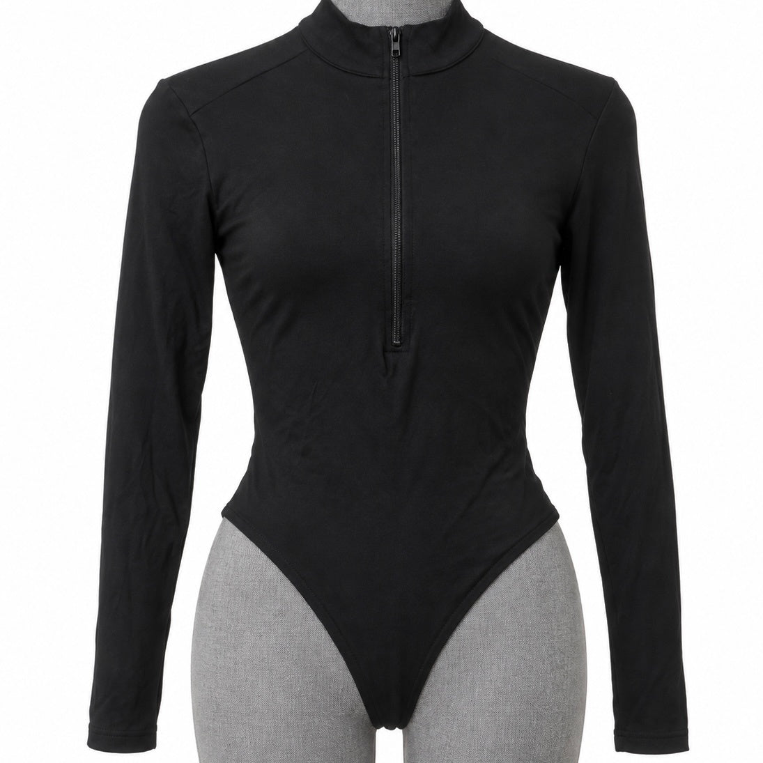 Mangopop Black Long Sleeve Quarter Zip Mock Turtle Neck Bodysuit (S)