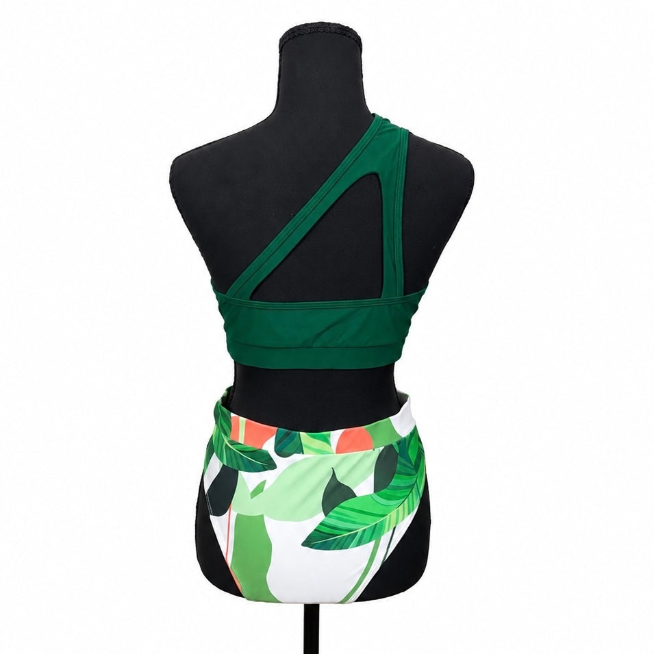 Green and Leaves One-Shoulder Bikini Set (M)