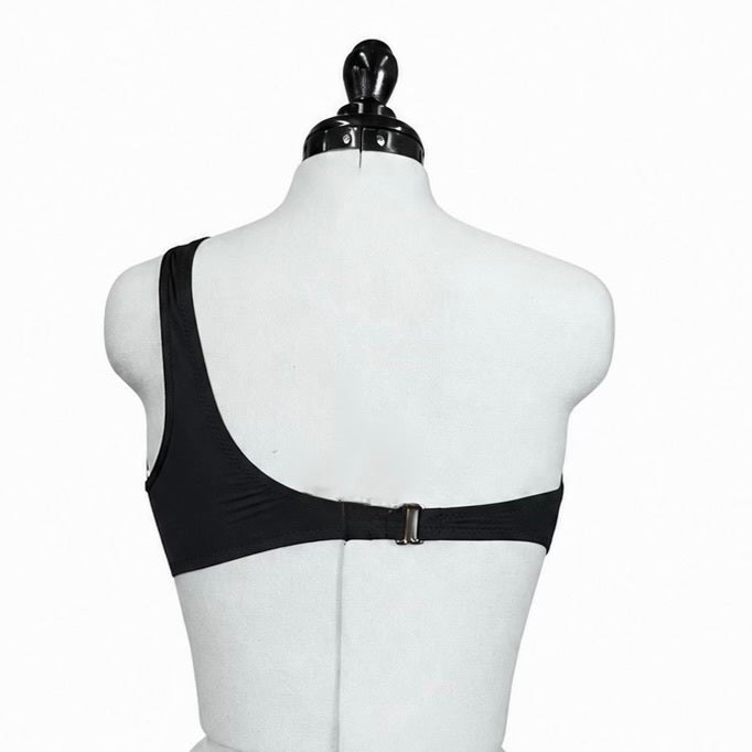 Shade & Shore Black One Shoulder Mesh Swim Top with Removable Pads (M)